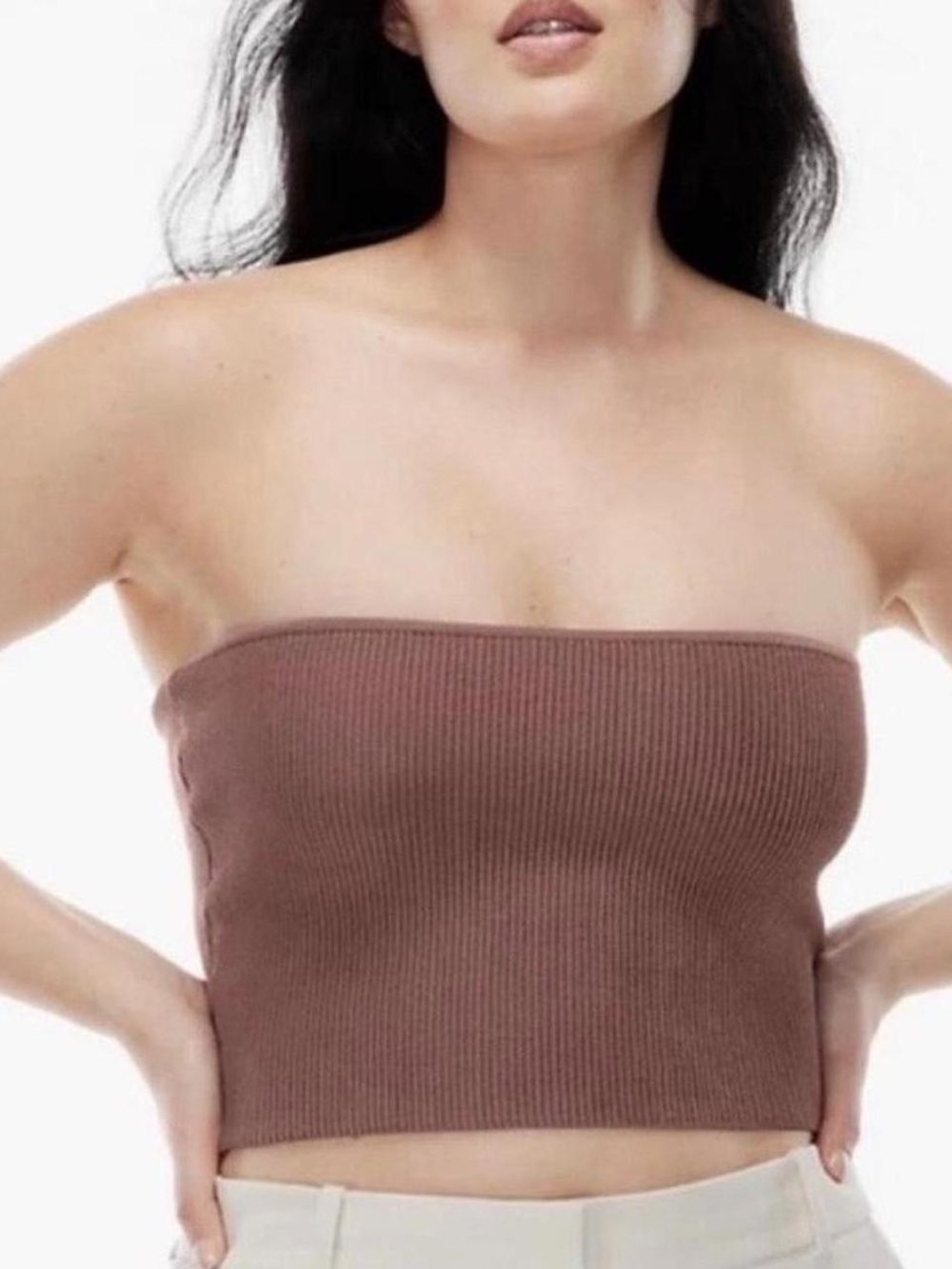 Aritzia Babaton Sculpt Knit Tube Top in Rich Mocha Brown.
